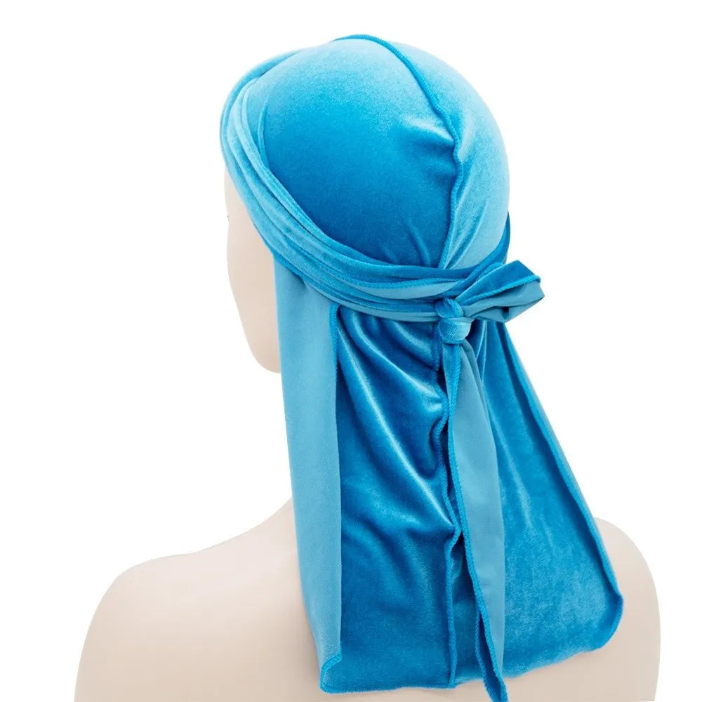 Nouveaux Durags en Velours Casquettes Longue Queue Chapeau Turban Respirant Bandeau Élastique Réglable Accessoires pour Cheveux