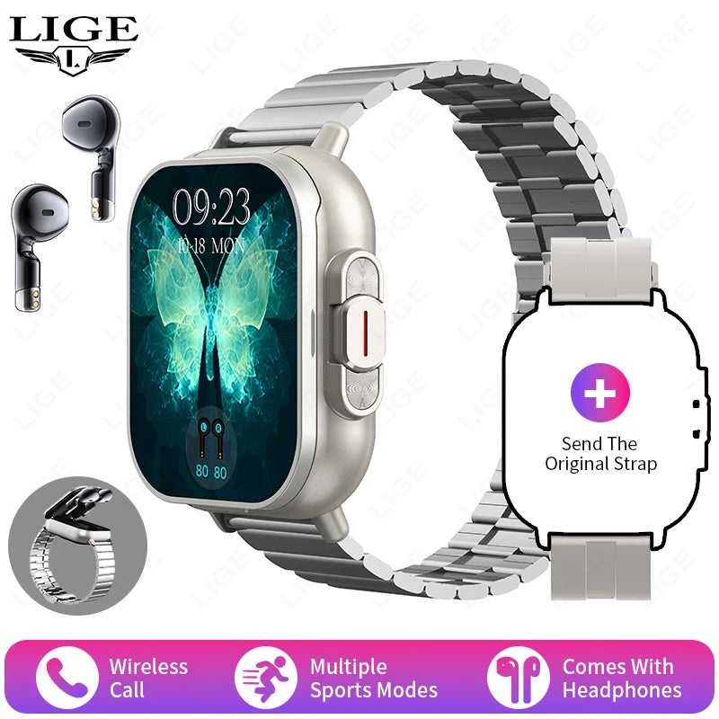 Montre connectée TWS 2 en 1 avec écouteurs, montre de sport, oreillette Bluetooth, montre d'appel, moniteur de santé pour hommes, NFC, montre intelligente pour femmes, écouteurs