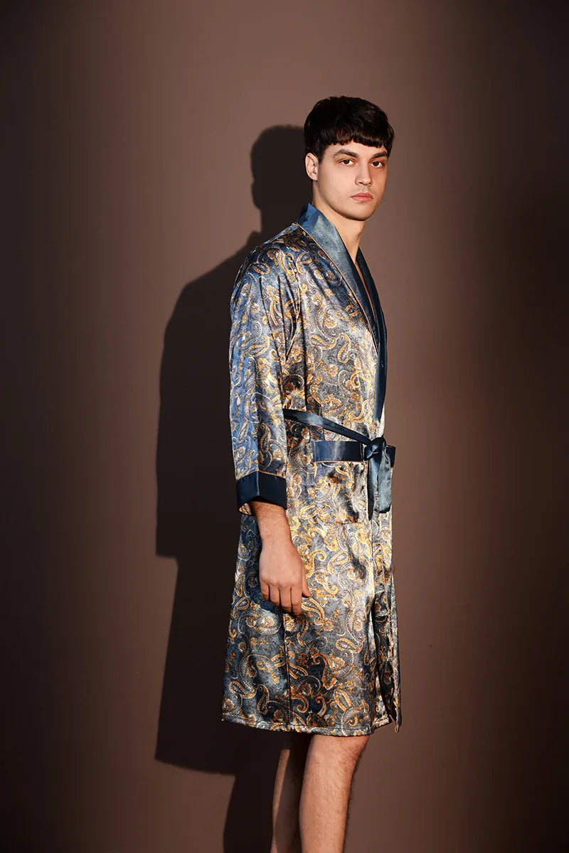 Peignoir d'été fin pour hommes, Robe de nuit de haute qualité, Peignoir une pièce, Vêtements d'intérieur masculins, Pyjama en soie glacée imprimé de grande taille pour homme, printemps