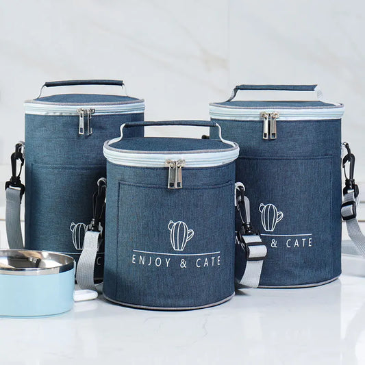 Large round Thermal Lunch Box Bag Thickened Aluminum Foil Insulated Bento Bag with Rice Bucket Warmth Bag Meal Pouch Oxford C...