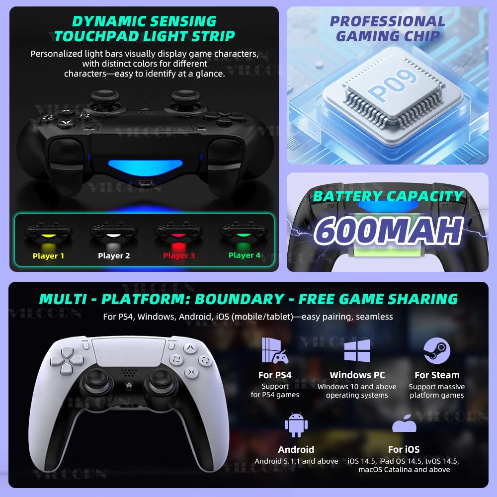 Kabelloses Gamepad für P4 Bluetooth-kompatibler Gamecontroller für P4 Slim/P4 Pro/Steam Plattform Win 10 PC Joystick