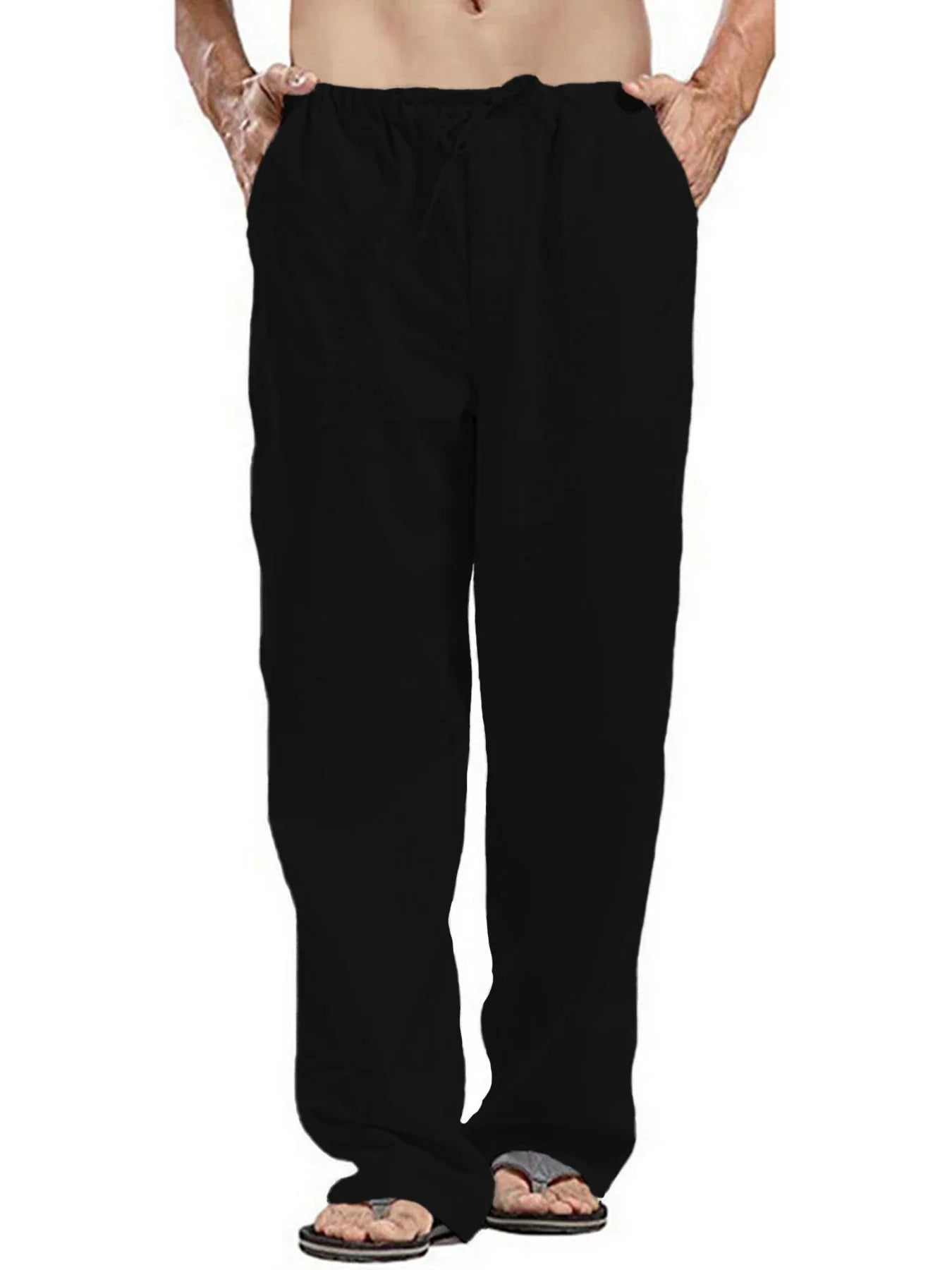 Herren Baumwolle Leinen Lange Hose Leicht Kordelzug mit Taschen Bequeme Gerade Bein Freizeithose für Sommer Strand