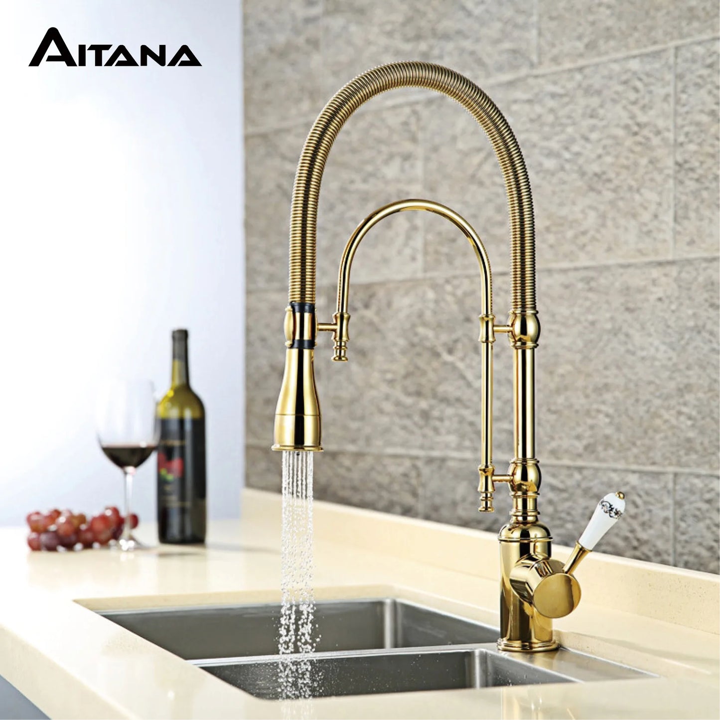 AITANA Luxus-Küchenarmatur aus goldfarbenem Messing im Retro-Design, Einhebelmischer mit Warm- und Kaltwasserregelung, 2 Funktionen Spültischarmatur