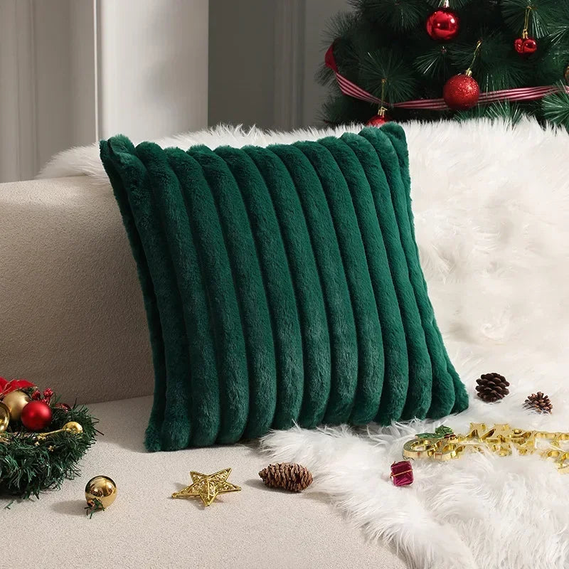 Housse de coussin en fausse fourrure de lapin, housse de coussin moelleuse et douce à rayures, oreillers décoratifs, décoration de luxe pour canapé