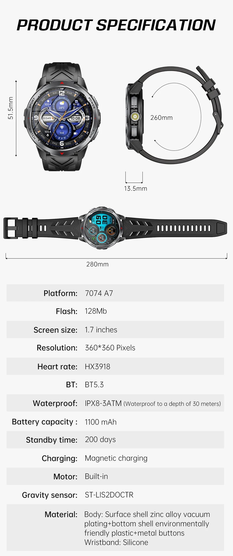 1100mAh Military Outdoor Smart Watch Men 1.7-inch Large Display Compass Sports Watch IP68 Waterproof Bluetooth Call Smartwatch