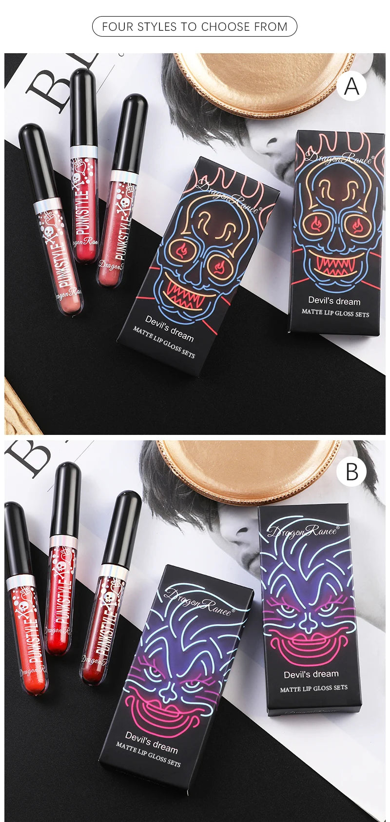Lip Gloss in a Box of Three, Pearlescent Lipstick in a Non-Stick Cup, Shiny Purple and Black Lip Gloss Set