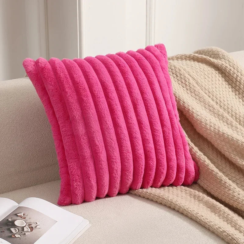 Housse de coussin en fausse fourrure de lapin, housse de coussin moelleuse et douce à rayures, oreillers décoratifs, décoration de luxe pour canapé
