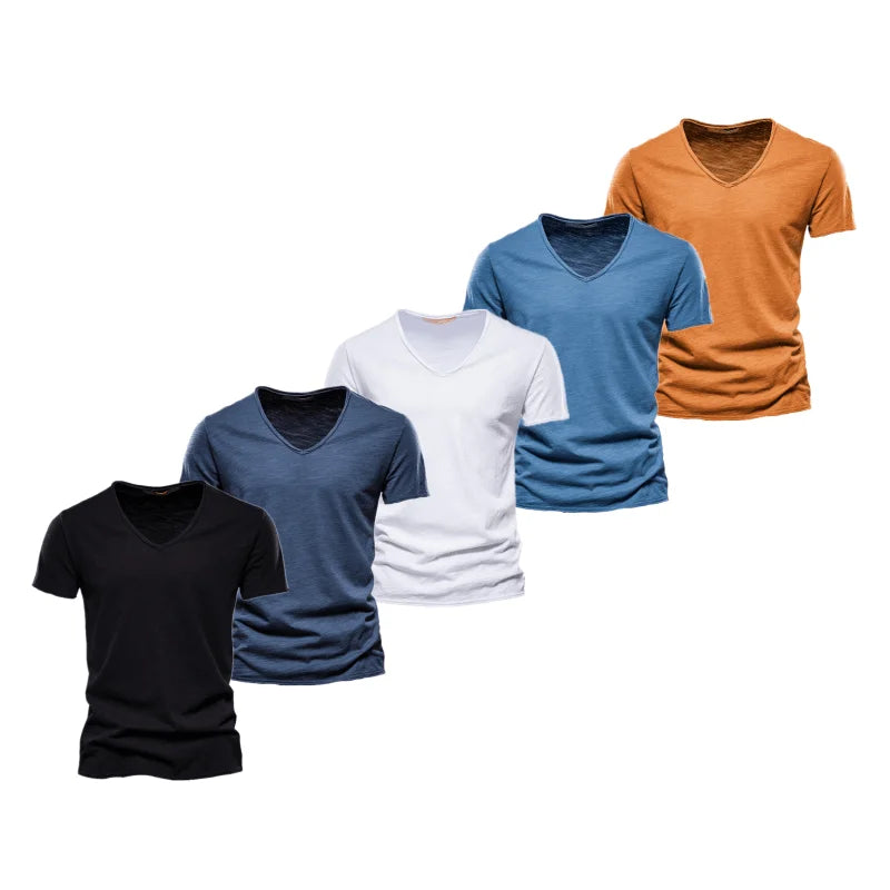 AIOPESON 5 PCS SET 100% COTTON V-neck T-shirts Men Casual Slim Fit Solid Color Summer T Shirt for Men Brand New Quality