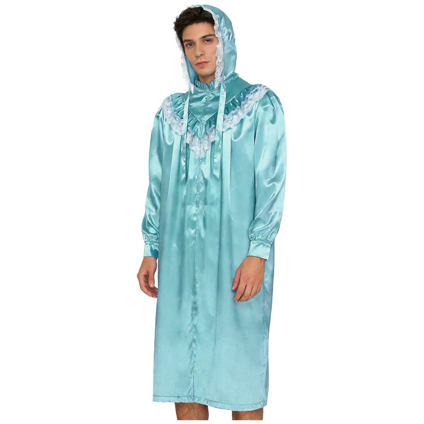 Pyjama homme à volants et dentelle, nuisette victorienne Sissy avec chapeau, robe de nuit satinée à manches longues et fermeture éclair sur le devant
