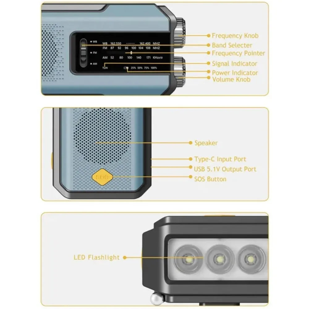Wetterradio Notfall Multifunktionales Radio FM AM WB Handkurbel Solar USB-Ladefunktion 2000mAh Powerbank LED Taschenlampe