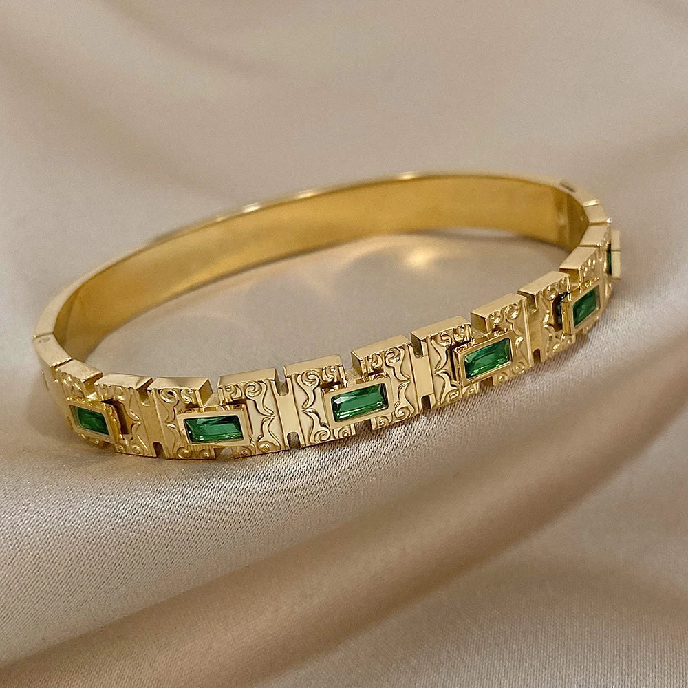 Manchette ouverte vintage en acier inoxydable avec zircon vert pour femmes, bracelet jonc large et épais, étanche, rond et brillant