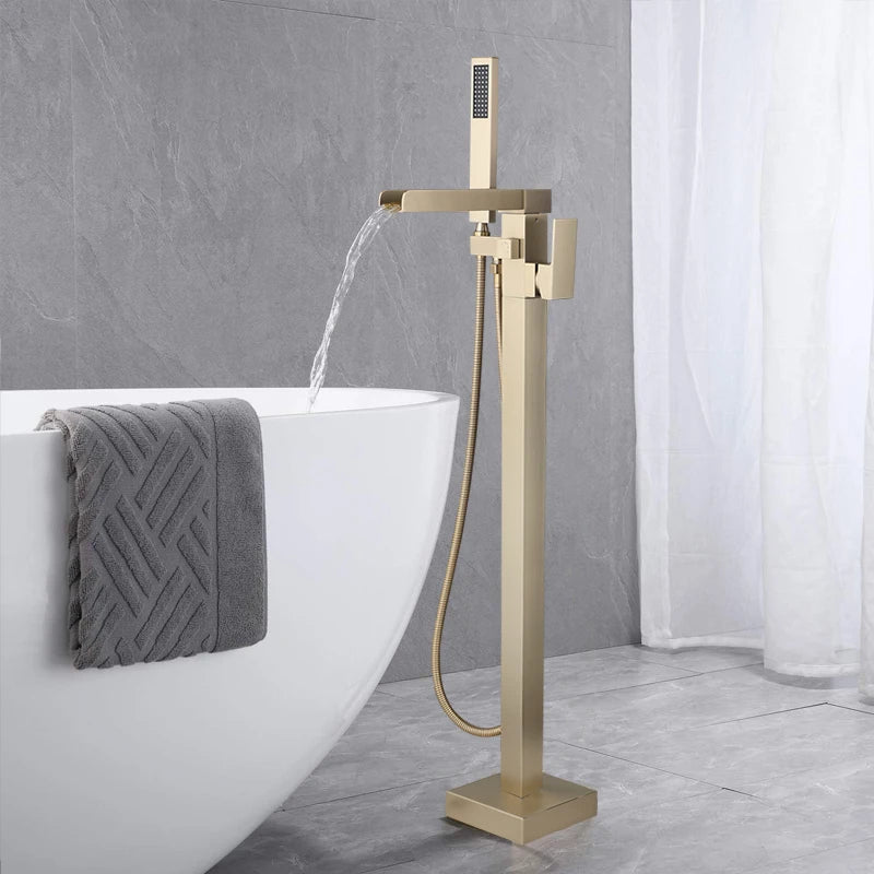 KEMAIDI Freistehender Badewannenarmatur Wannenfüller Hochleistungs-Wasserfall-Badewannenfüller Gebürstete Gold-Badewannenarmaturen mit Handbrause Wasserhahn