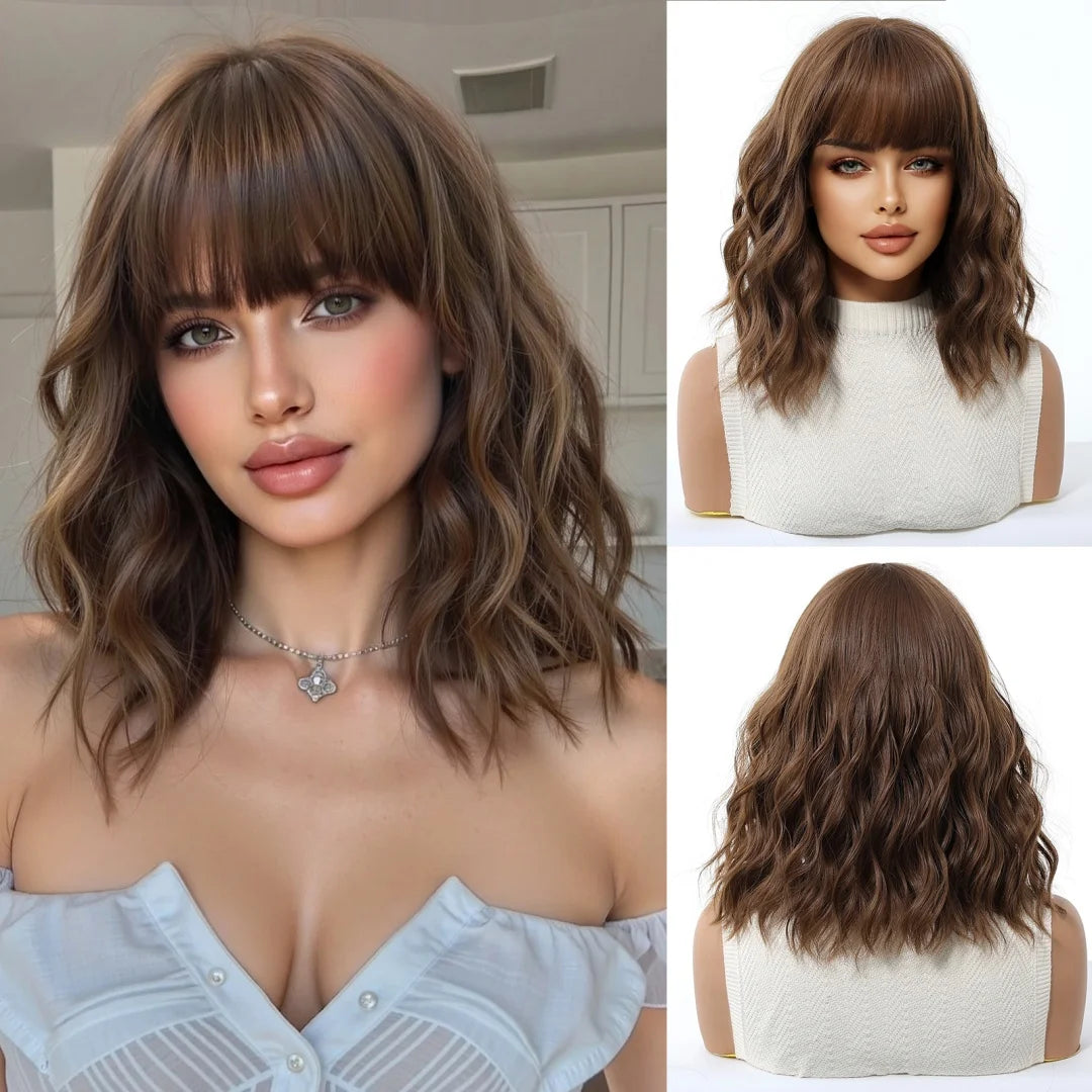 Perruque Synthétique Rouge Helloween Perruque Courte Bob Naturelle avec Frange pour Femme Fête Quotidienne Cosplay Fibre Résistante à la Chaleur