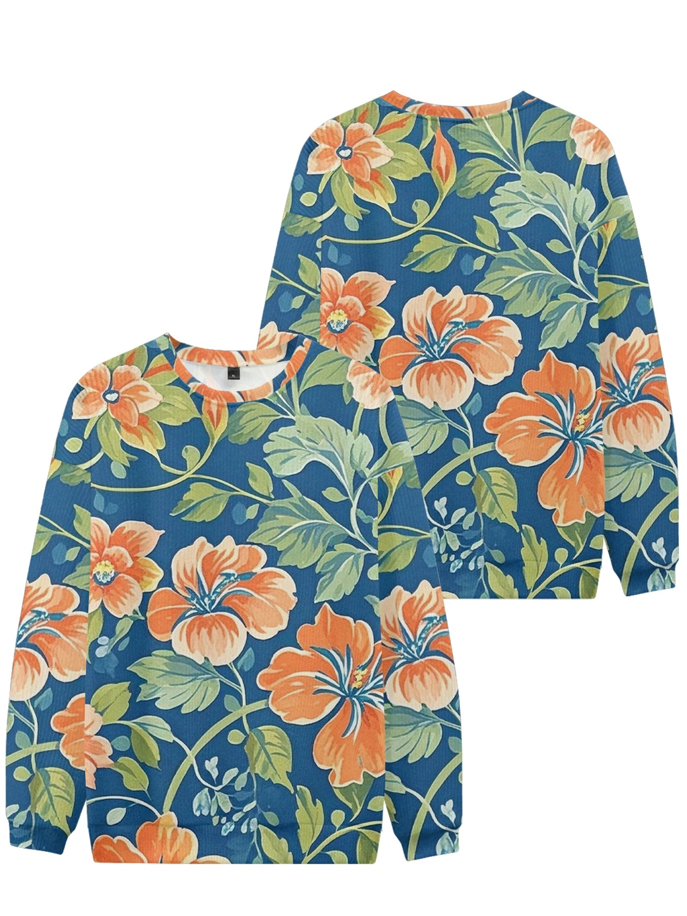 Lebhaftes weißes Rundhals-Sweatshirt mit Blumendruck, vollflächigem botanischen Design mit bunten Blüten und Blättern, lässige Frühlingsmode für Paare