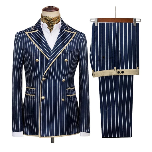 Striped Men Suits Double Breasted Slim Fit 2 Piece Set