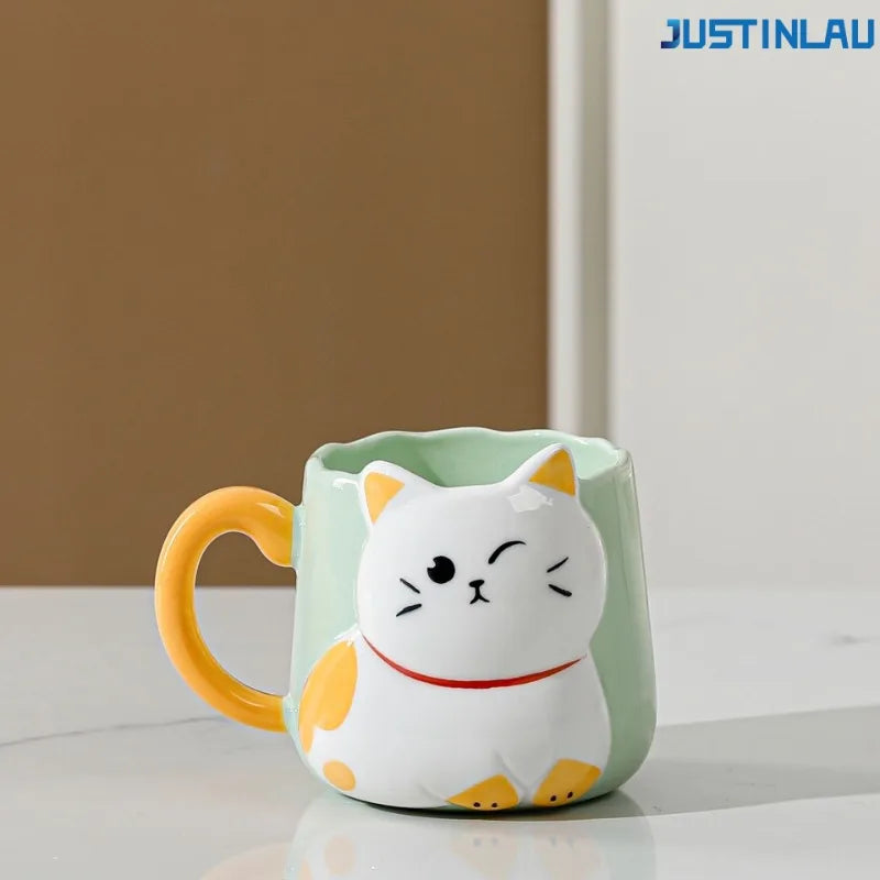 JUSTINLAU Tasse en céramique mignonne avec couvercle et cuillère, motif chat de dessin animé en relief, style japonais, tasse à café émaillée, tasse à thé en céramique