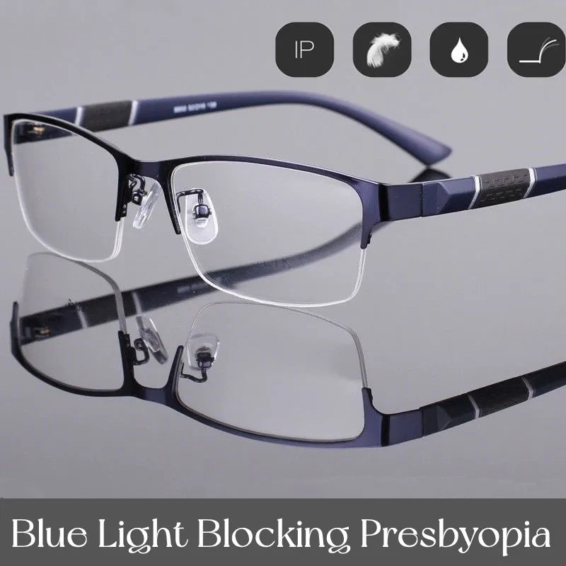 Herren Halb-Rand Lesebrille aus Metall Business Stil Männlich Vintage Weitsicht Presbyopie Anti-Blau HD TR90 Dioptrien Brille
