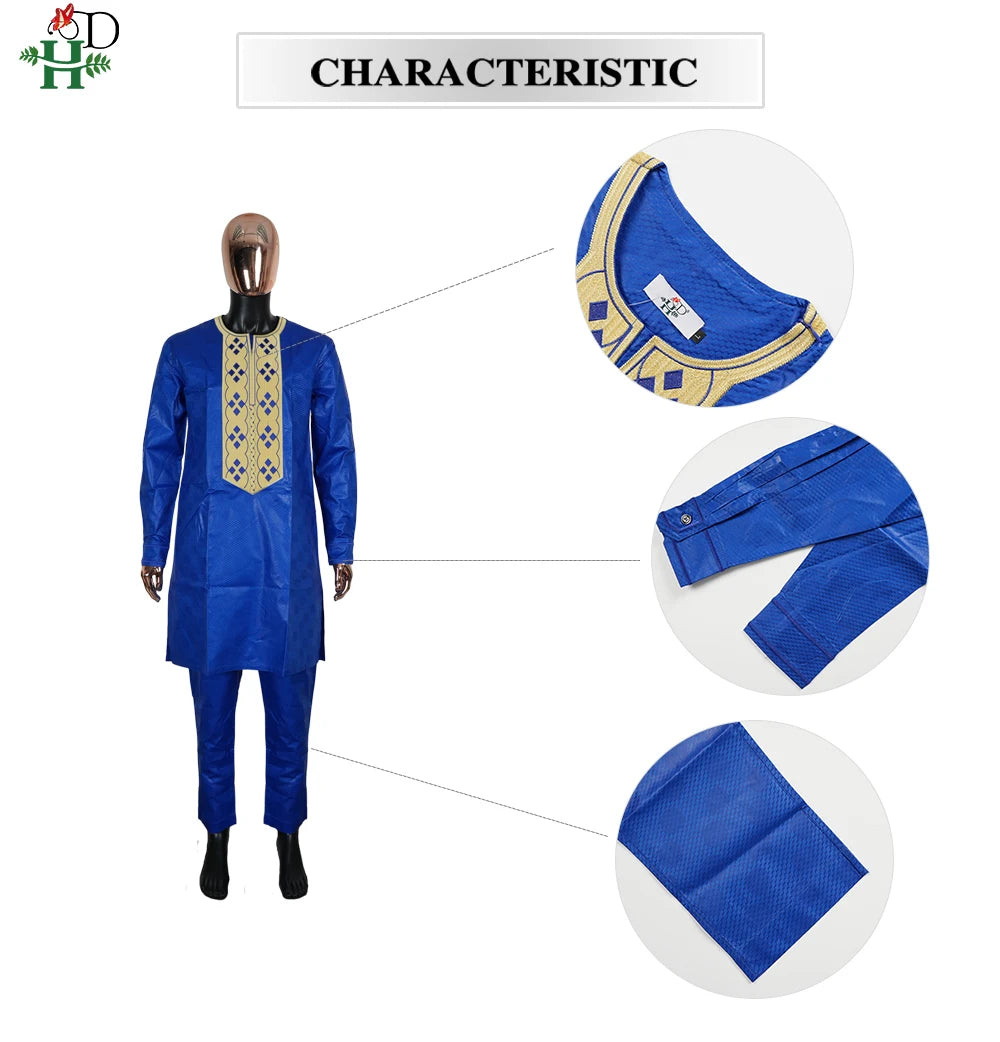 H&D Nouveaux Vêtements Africains pour Hommes Tradition Vêtements Broderie Bleu Ensemble 2 Pièces Haut Pantalon Bazin Musulman Mariage Fête Dashiki