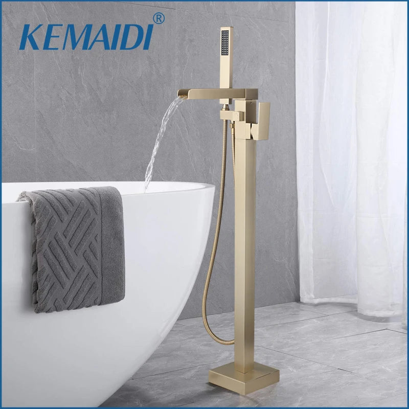 KEMAIDI Freistehender Badewannenarmatur Wannenfüller Hochleistungs-Wasserfall-Badewannenfüller Gebürstete Gold-Badewannenarmaturen mit Handbrause Wasserhahn