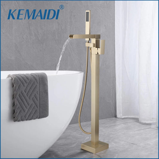 KEMAIDI Freestanding Bathtub Faucet Tub Filler High Flow Waterfall Bath Filler Brushed Gold Tub Faucets with Hand Shower Tap