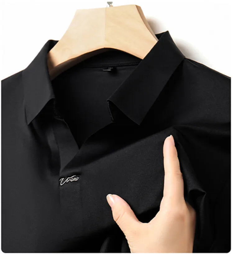 Polo 2024 de haute qualité, extensible et élastique, Chemise à manches courtes pour hommes, style décontracté, Col en V sans coutures, Polo pour hommes M-4XL