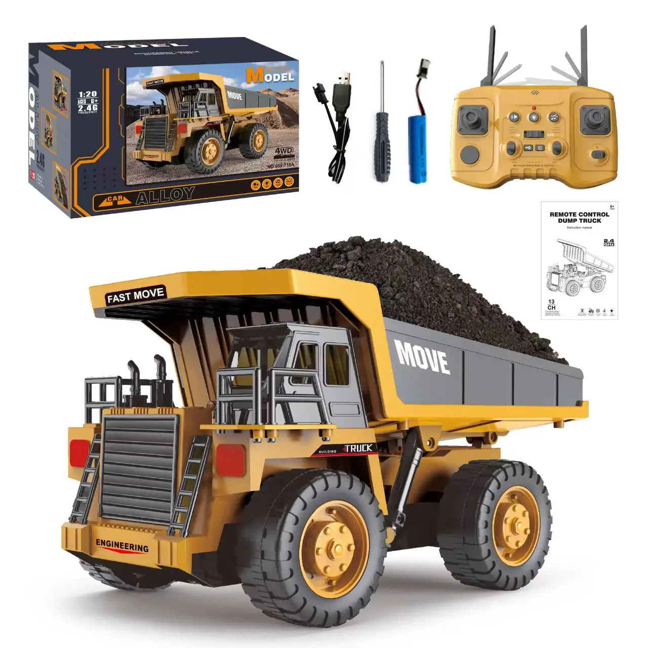 ZWN 1/16 1/20 Ferngesteuerter Bagger Kipper RC Modellauto Spielzeug Professionelles Legierungs-Simulations-Baufahrzeug für Kinder