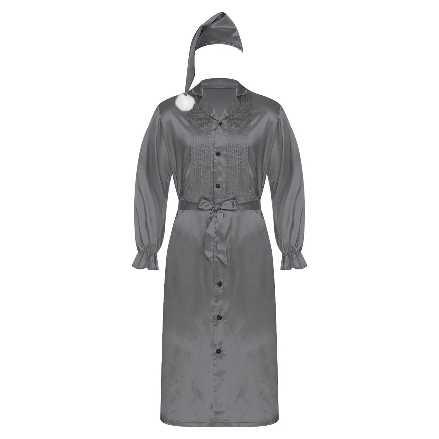 Herren Sissy Pyjama Satin-Nachtwäsche Nachthemd mit Schlafhaube Langarm Rüschenmanschetten Plissierter Brustumhang mit Gürtel Vintage
