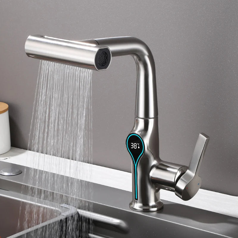 Robinet de lavabo numérique avec affichage de la température Cascade, pulvérisateur à jet relevable haut et bas, mélangeur chaud/froid pour salle de bain
