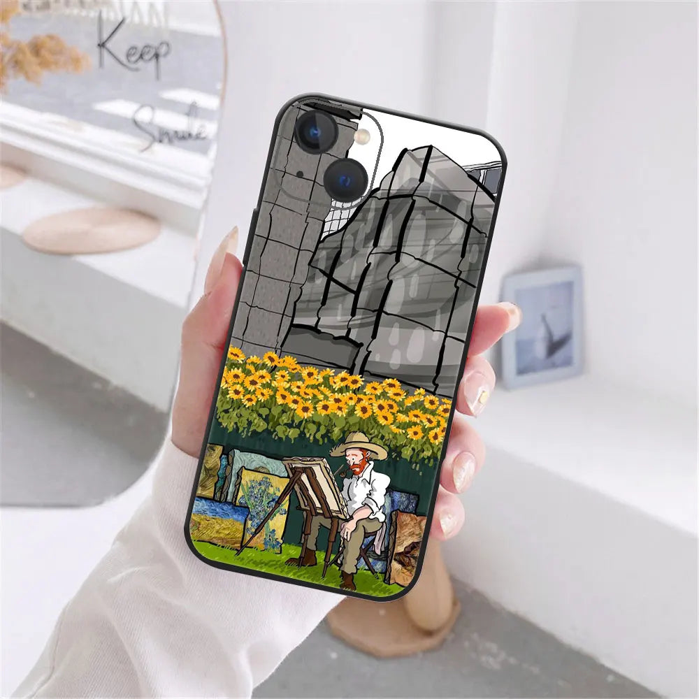 Art Van Gogh Sternenklare Sonnenblume Handyhülle für iPhone 11 12 13 14 15 16 17 Pro Max 17AIR 14 15 16 Plus Schwarze Weiche Silikonhülle
