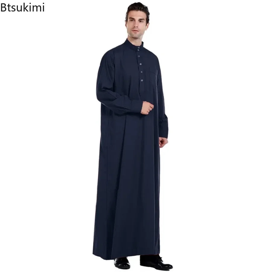 2026 Muslim Clothing Men Jubba Thobe Solid Long Sleeve Kaftan Stand Collar Casual Robe Moroccan Dishdasha Thawb Islamic Clothing
