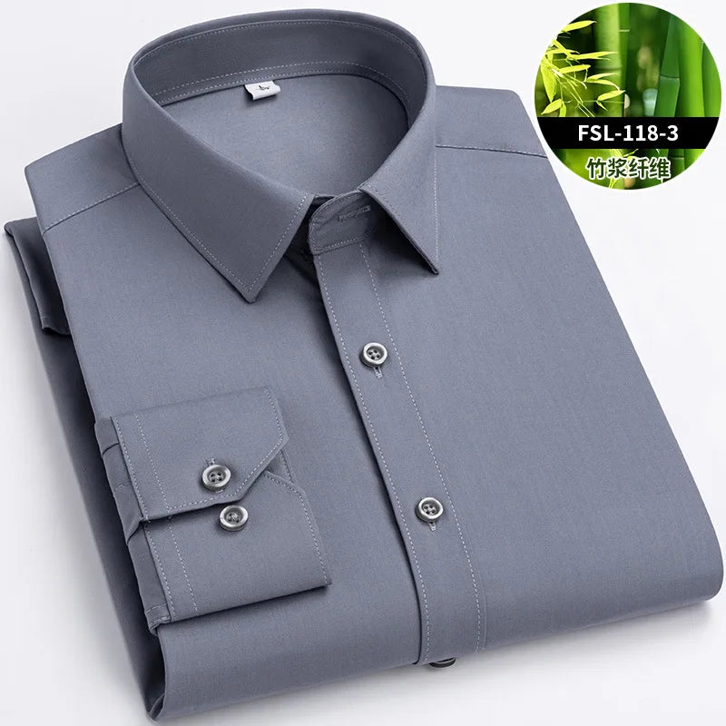 Chemise de Travail Blanche Homme en Fibre de Bambou Bleue 8XL Manches Longues Bureau Affaires Anti-rides Infroissable Décontractée