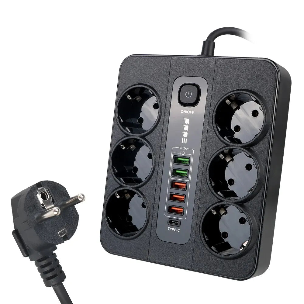 Extension Socket With Safety Switch Power Strip For Office Home EU Plug 3000W 2M Cable Overload Protection USB Type C Ports