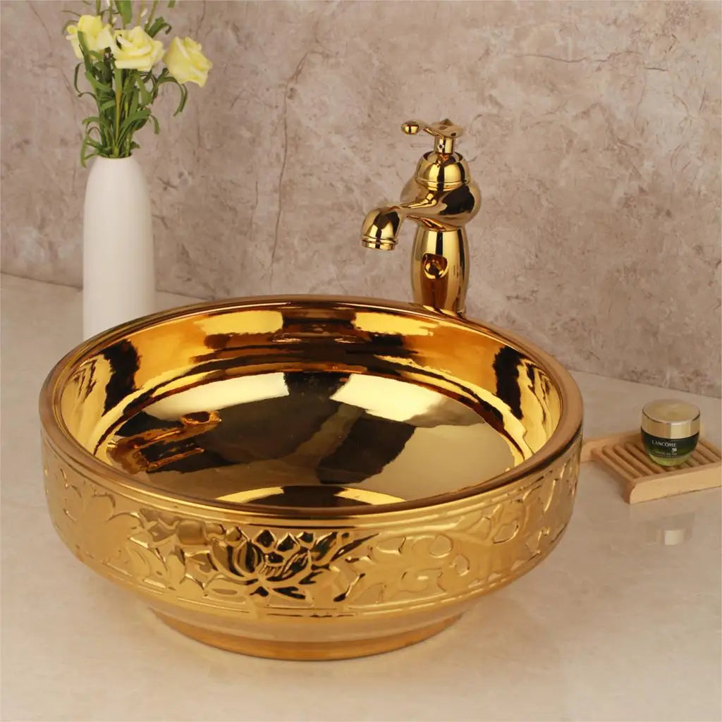 Lavabo de salle de bain KEMAIDI en céramique doré avec robinet Lavabos de salle de bain en porcelaine à poser sur le comptoir Lavabos de luxe pour salles de bain