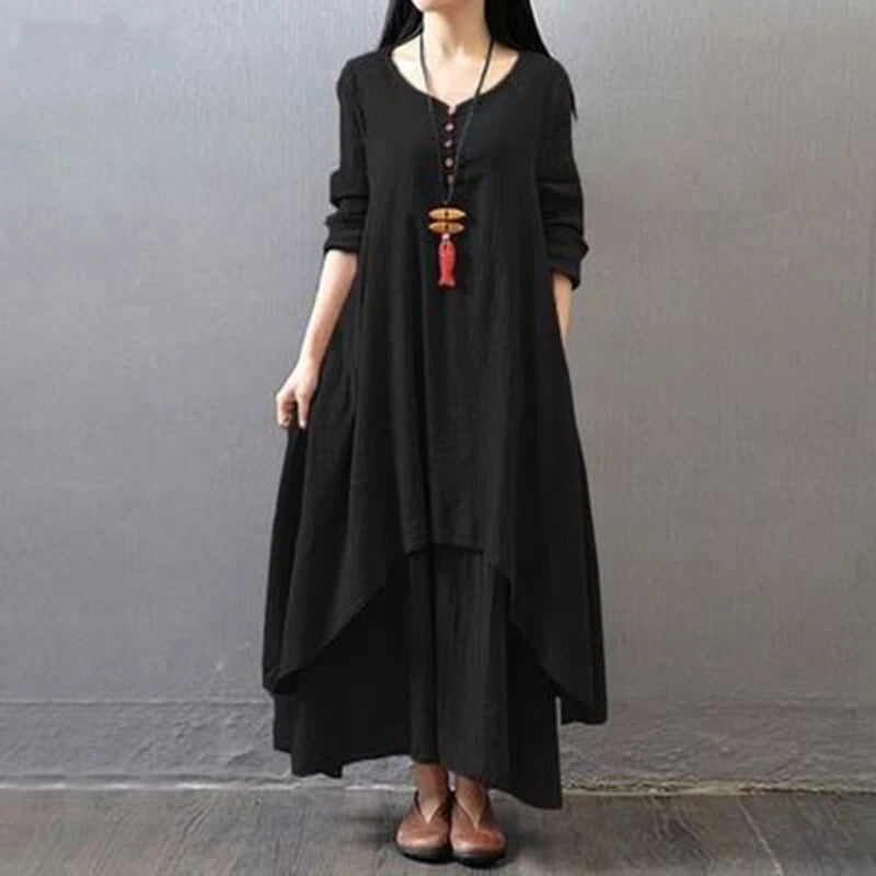 Damen Elegante Leinen-Ingwerkleider Böhmen Layering Vintage Robe Langarm Lockeres langes Kleid Weibliche Herbst Vestidos