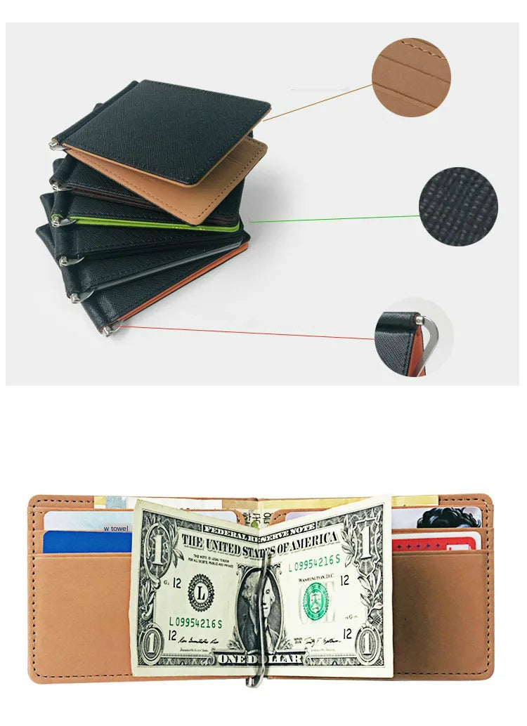 Portefeuille court pour hommes en cuir PU, porte-monnaie, pinces à billets, porte-cartes d'identité et de crédit, pochette fine et solide pour hommes