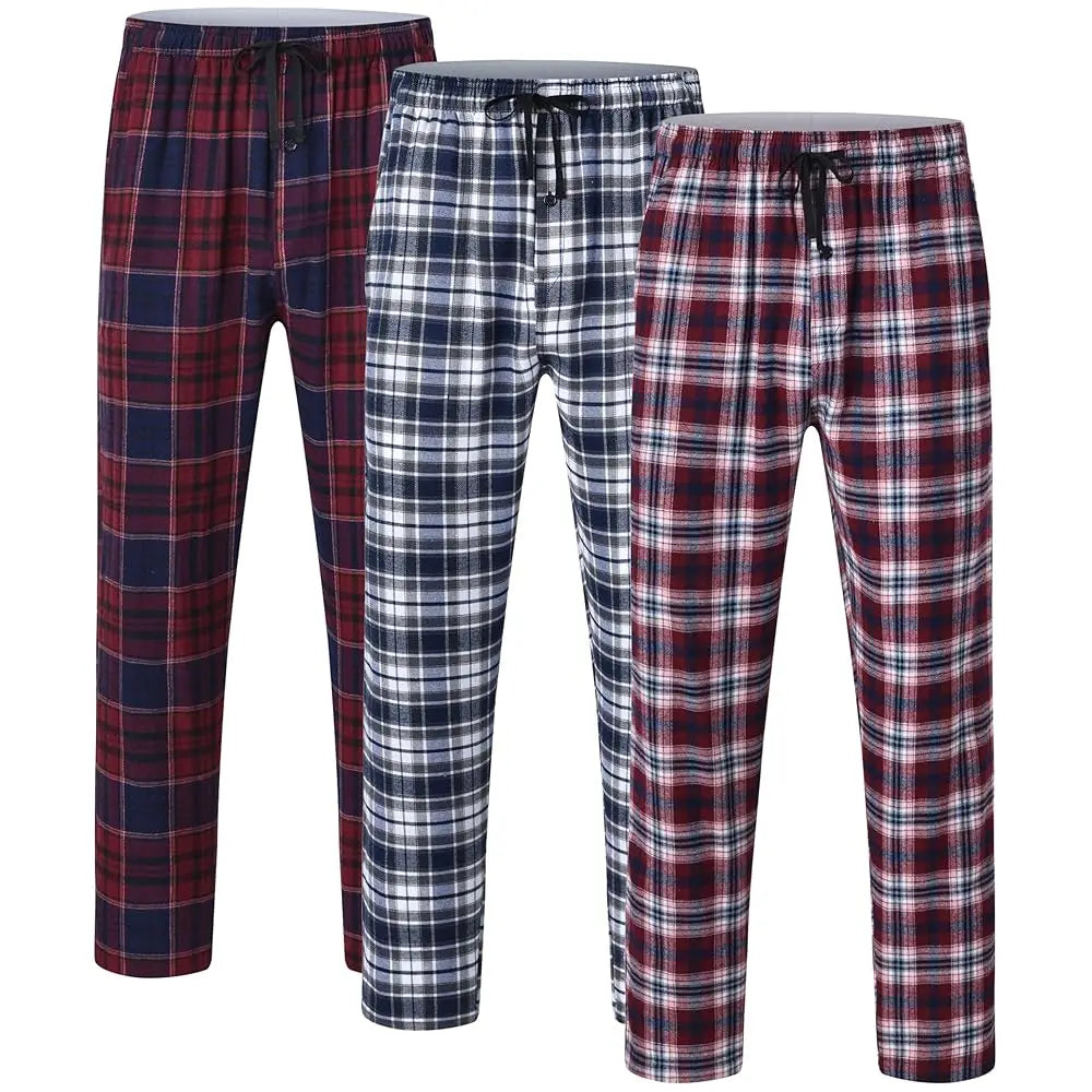Pyjama Homme 3 Pièces Coton Carreaux, Pantalon de Pyjama Long Carreaux avec Taille Élastique pour Homme