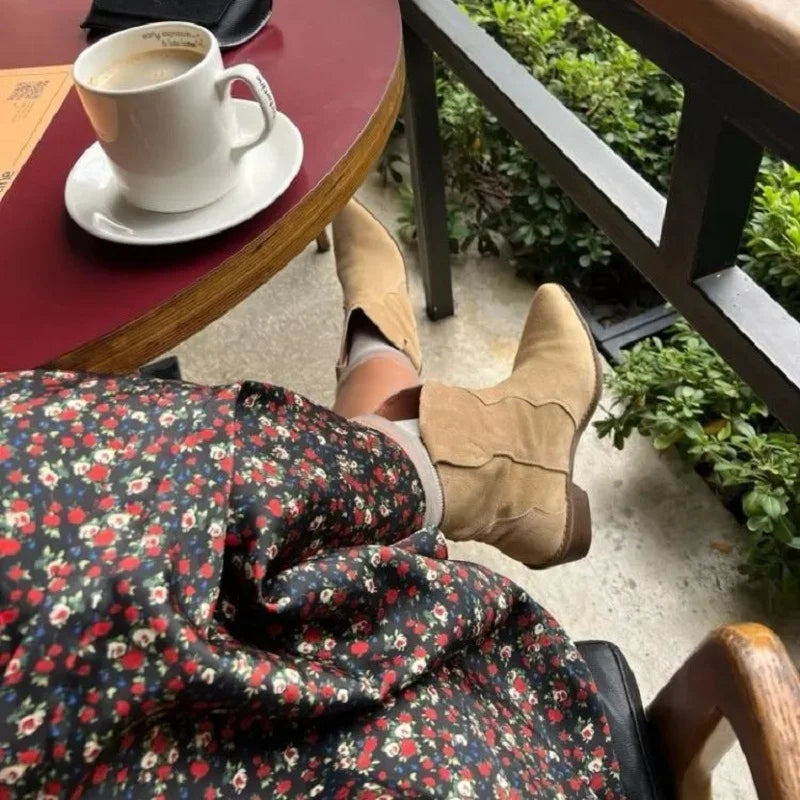 Bottes Chelsea pour femme en suède de vache à bout pointu et talon épais, bottines cousues, chaussures d'hiver, bottes western pour femme, printemps automne