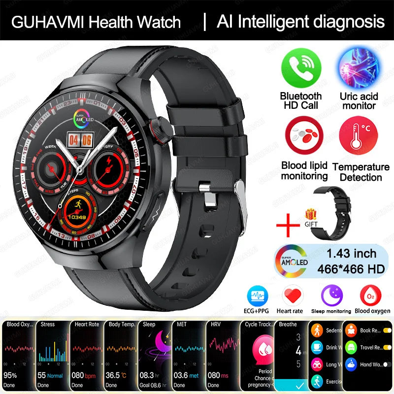 Montre Intelligente de Soins Infirmiers 2025 Montre connectée Santé, oxygène sanguin, lipides sanguins, acide urique, ECG+PPG, température corporelle, appel Bluetooth