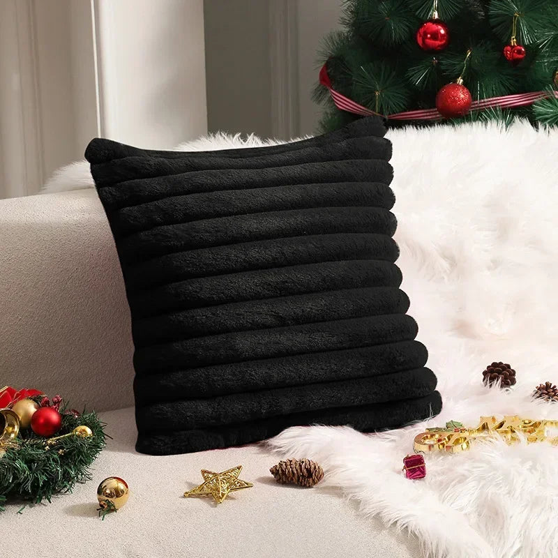 Housse de coussin en fausse fourrure de lapin, housse de coussin moelleuse et douce à rayures, oreillers décoratifs, décoration de luxe pour canapé