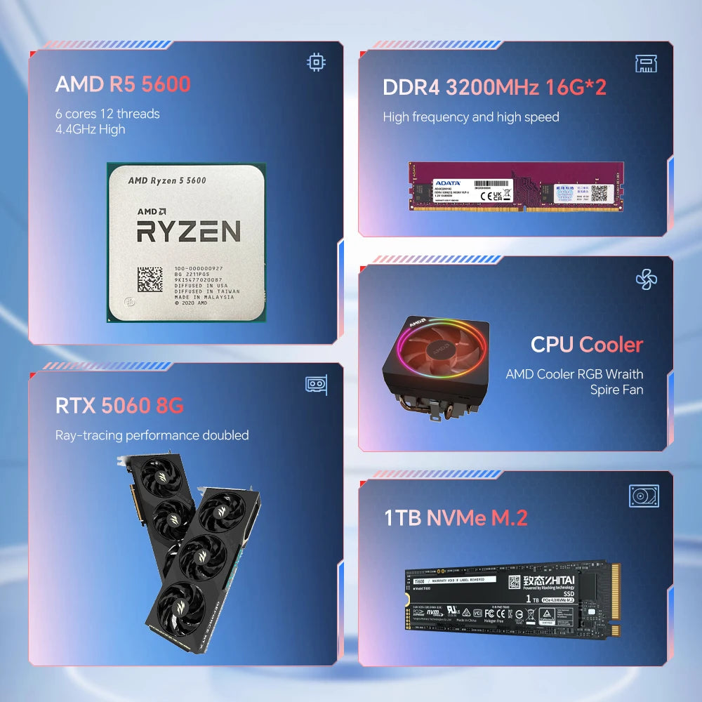 RSION Gaming PC AMD R5 5600 CPU RTX5060 32G RAM 1TB SSD Desktop Game Computer Sea View Room Assembled PC Gamer Full