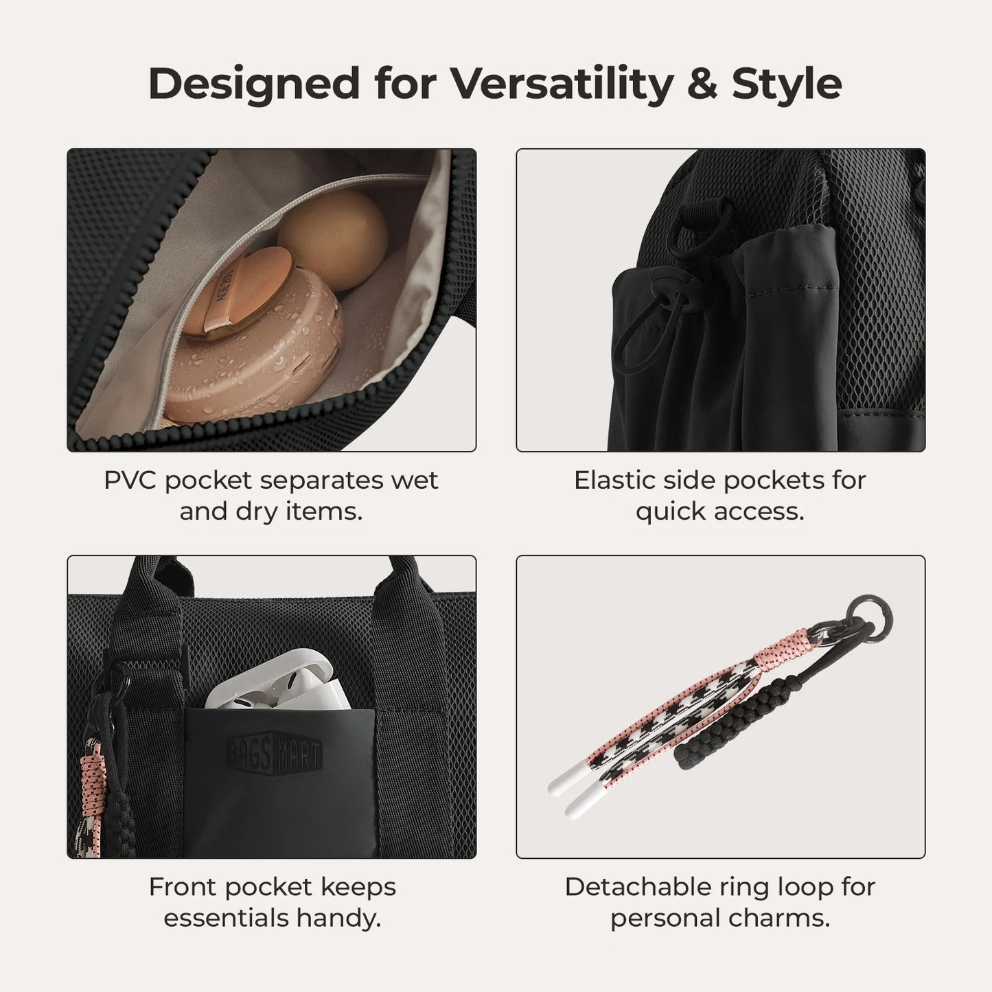 BAGSMART Boston Tasche für Damen, Mini-Reisetasche, Umhängetasche, wasserdicht, mit Nassfach, für Fitnessstudio, Reisen, Alltag, Strand, Wochenendausflug