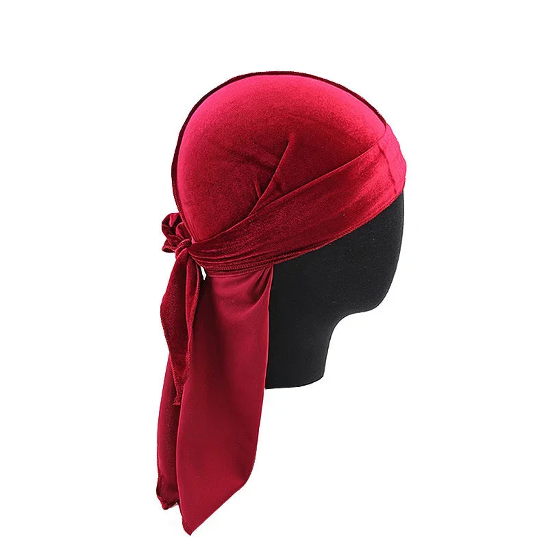 Neue Unisex Samt Durags Bandana Turban Hut Männer Frauen Atmungsaktive Lange Schwanz Piratenhüte Mütze Hip Hop Stirnband