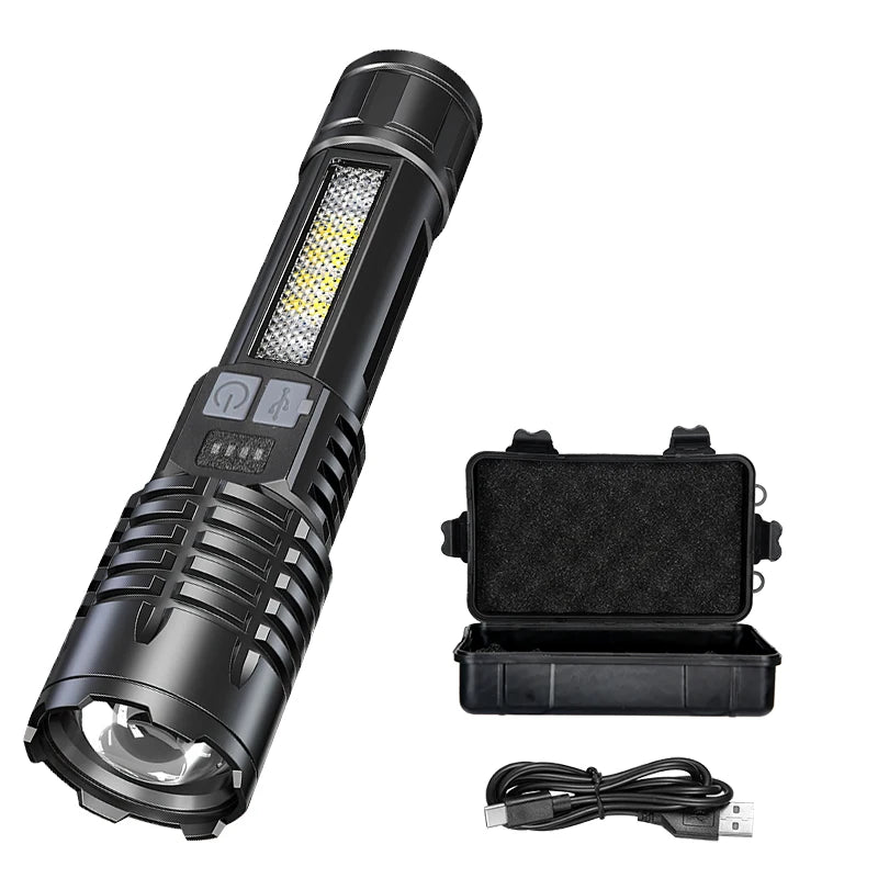 Powerful LED Flashlight Type C Rechargeable Waterproof Torch with Side Light 5 Modes Zoomable Lamp for Camping Fishing Lantern