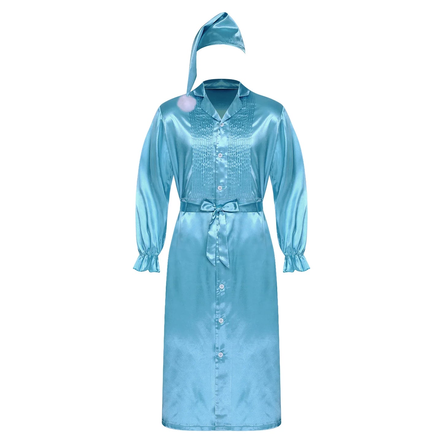 Herren Sissy Pyjama Satin-Nachtwäsche Nachthemd mit Schlafhaube Langarm Rüschenmanschetten Plissierter Brustumhang mit Gürtel Vintage