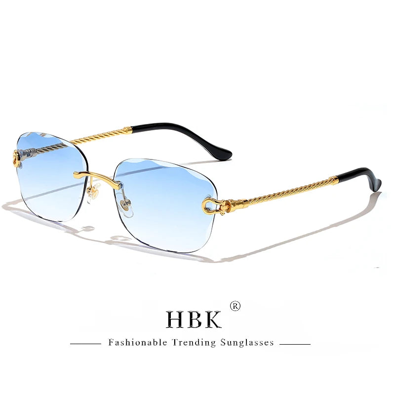 HBK Rahmenlose Metall Sonnenbrille Herren Wellenform geschnitten Sonnenbrille für Damen Reise Shopping Brille UV400 Sommer Stil