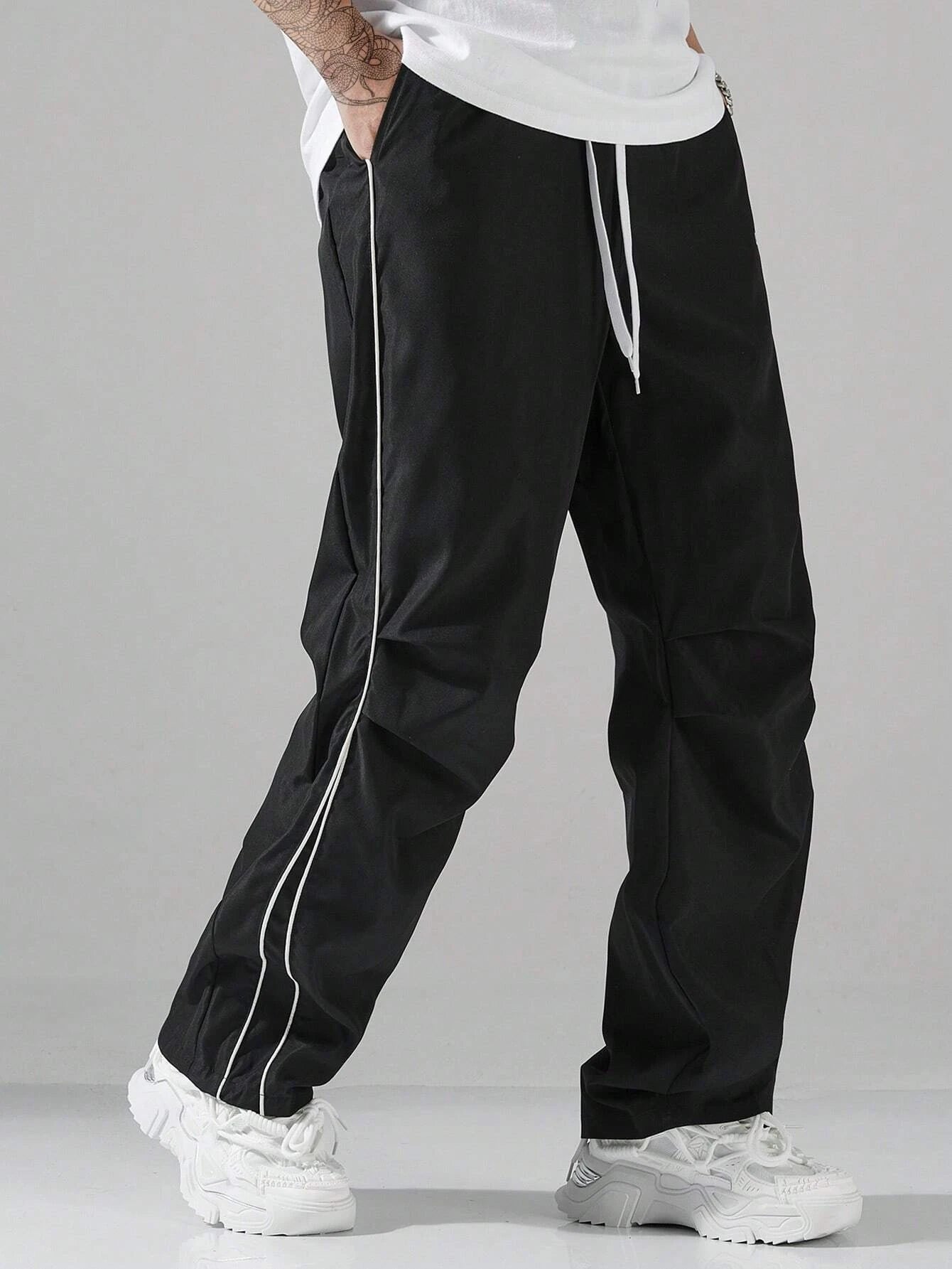 Larbulse Herren-Hosen mit Kontrastbesatz, modische Freizeithosen, einfarbig, atmungsaktiv, locker, gerades Bein, Kordelzug, Streetwear