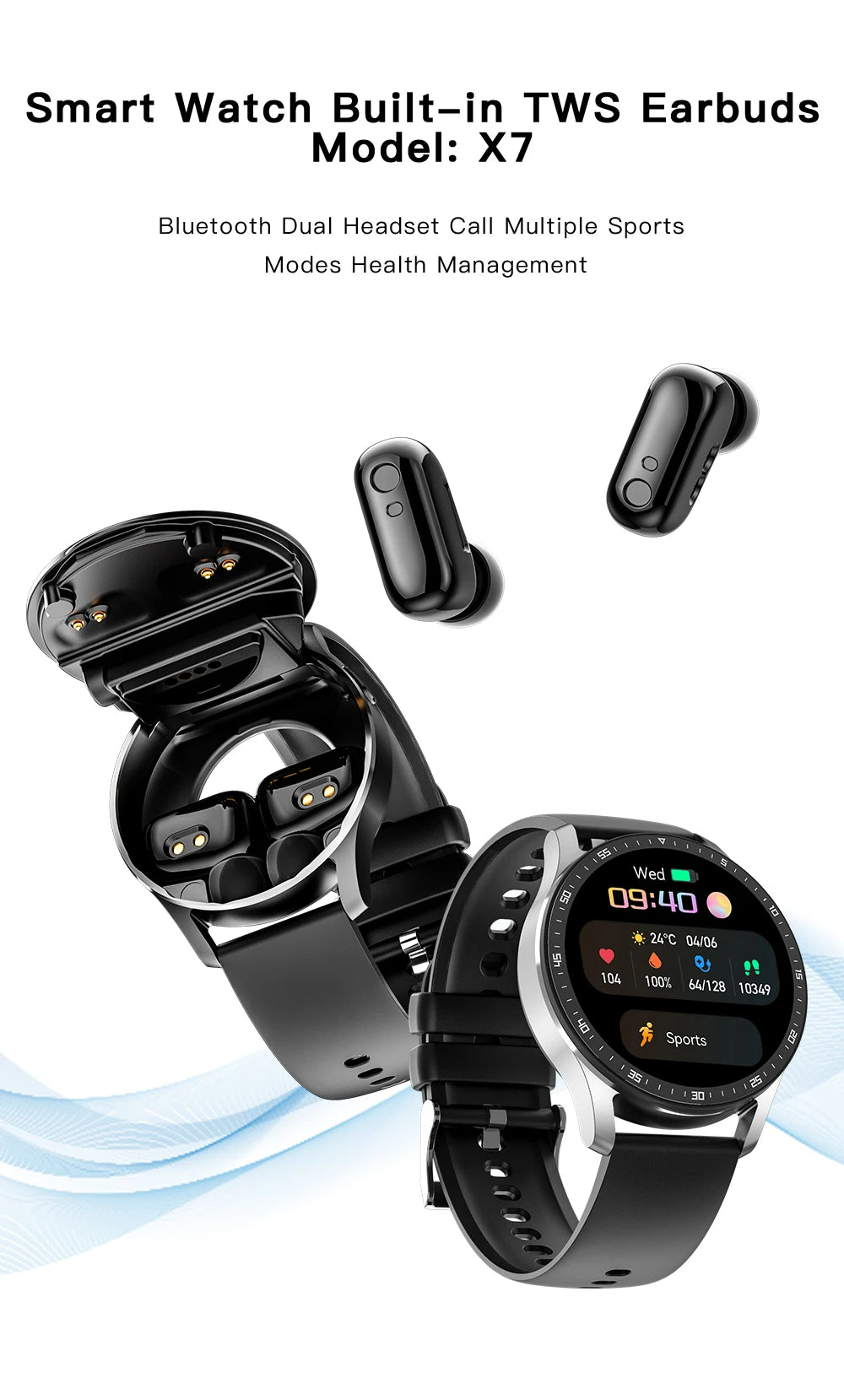 Montre Intelligente 2 en 1 X7 avec Écouteurs Montre Connectée Écouteurs Bluetooth TWS Moniteur de Fréquence Cardiaque et de Pression Artérielle Montre Sport Montre Fitness