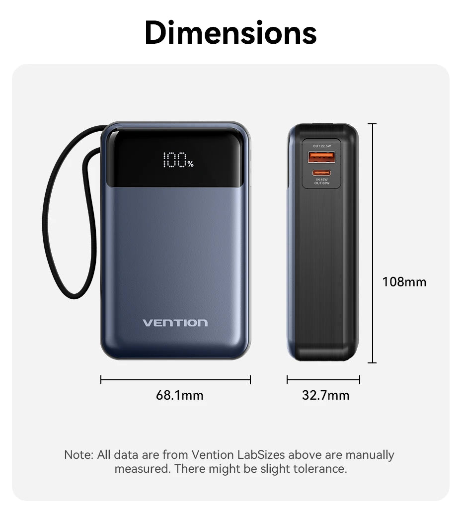 Vention 65W Power Bank 20000mAh Built-in USB-C Cable Portable Powerbank for Laptop PD Fast Charger for iPhone 17 Samsung S25 S24