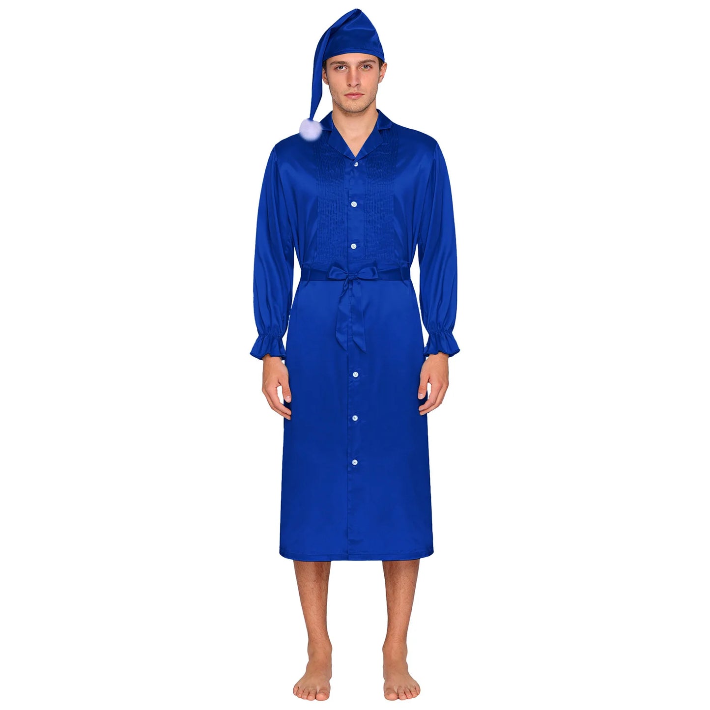 Herren Sissy Pyjama Satin-Nachtwäsche Nachthemd mit Schlafhaube Langarm Rüschenmanschetten Plissierter Brustumhang mit Gürtel Vintage