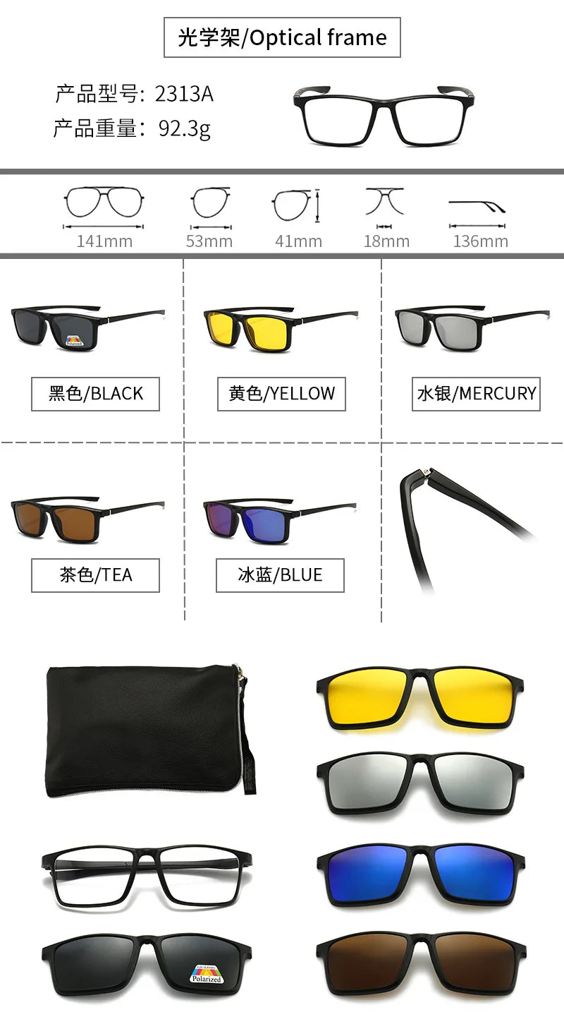 6 In 1 Polarized Sunglasses Men Women Magnetic Clip On Glasses TR90 Optical Prescription Eyeglass Frames Magnet Clips